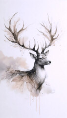 A majestic deer with antlers watercolor print, Ai generated image