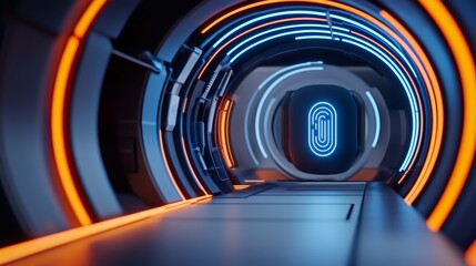 Fingerprint digital lock securing futuristic server room in cyberspace