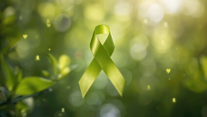 Lime green ribbon representing lymphoma awareness, serving as a background for health information