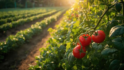 Vegetable garden with ripe tomatoes, highlighting sustainable farming practices