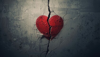 Cracked wall with a painted heart symbolizing emotional breakup, relationship challenges, love, friendship, marriage