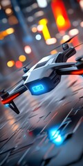 Futuristic police drone scanning a cyberpunk city at night