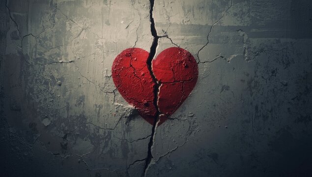 Cracked wall with a painted heart symbolizing emotional breakup, relationship challenges, love, friendship, marriage