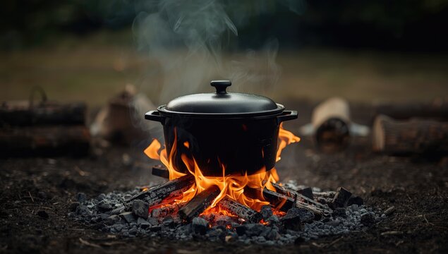 Large black lodge camp Dutch oven over open flames focused on safety during outdoor cooking