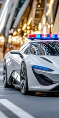 Futuristic white police car patrolling urban environment with flashing lights