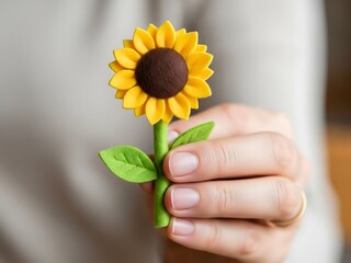 Person Holding a Handmade Sunflower Crafted from Felt Material