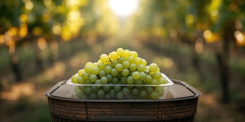 Green grapes arranged in a plastic container with a lid on an organic farm, highlighting produce handling for visitors
