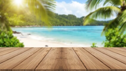 Tropical landscape seen from a wood table setting, suitable for seasonal nature backgrounds in spring or summer