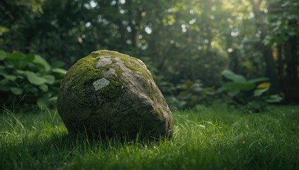 A moss-covered stone resembling a boulder, landscape preservation and weathering effects