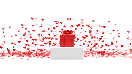 Gift with falling hearts, isolated on transparent background