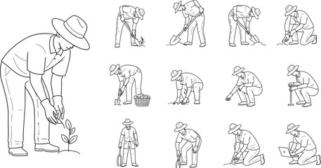 Farmer planting seedlings illustration set, gardening process stages, agriculture line art, rural work, eco farming vector collection design © Arzina