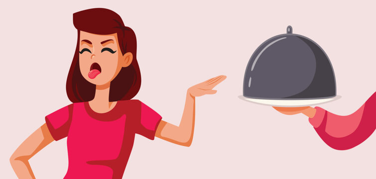 Picky Eater Refusing Food Platter Vector Illustration. Squeamish lady saying no to good meal making a disgusted face