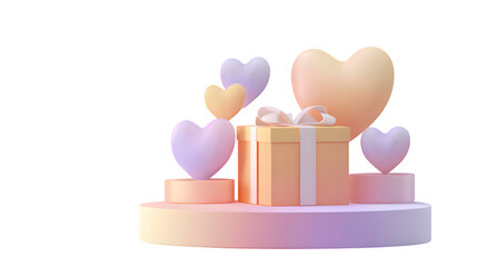 Pastel Gift with Hearts 3d rendered, isolated on transparent background