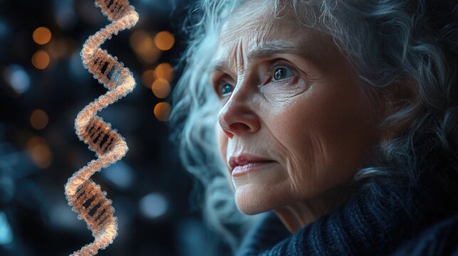 Elderly woman beside dna strand symbolizes genetic testing in precision medicine.