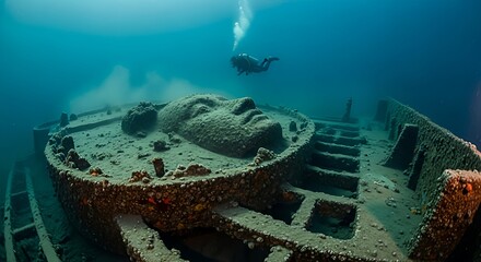Scuba diver swimming near a mysterious underwater shipwreck featuring a large stone face sculpture on the deck. Deep blue ocean exploration and marine adventure concept.
