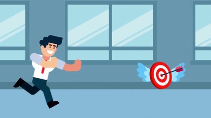 A cartoon illustration of a businessman running after a flying target with wings and an arrow in the bullseye, symbolizing the pursuit of goals, objectives, or milestones in business or professional l
