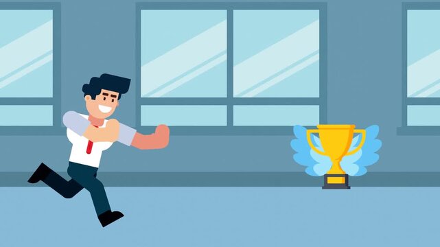 A cartoon illustration of a businessman running after a flying trophy with wings, symbolizing the pursuit of victory, recognition, achievement, or success in business or professional life.

