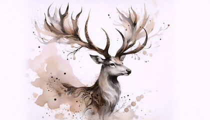 A majestic deer with antlers watercolor print, Ai generated image