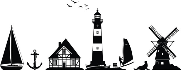 Coastal nautical silhouettes set, lighthouse, sailboat, anchor, windmill, sea lion and cottage icons, black maritime nature elements, isolated beach travel vector graphics,