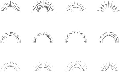 Vintage starburst set. Sunburst shapes, bursting sun rays, sunrise, sunshine. Radial fireworks burst, sunset and Rays, star beams, sparkle elements. Vector Retro starburst hand drawn label, classic