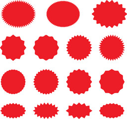 Starburst red sticker set collection of special offer sale oval and round shaped sunburst labels and badges. Promo stickers with star edges.