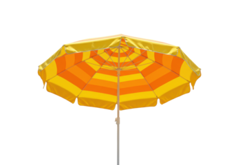 A vibrant beach umbrella with bold yellow and orange stripes, fully open and tilted, against an immaculate white seamless background, clean studio product photography, pure summer joy