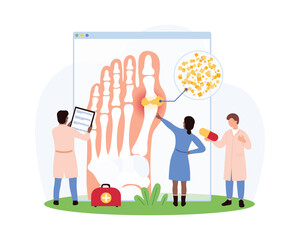 Doctors examining a patient s foot arthritis using an X-ray and medical tools, discussing inflammation and treatment in a clinical setting vector illustration.