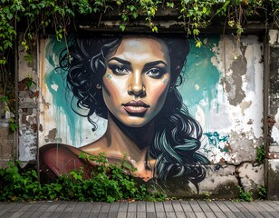 Obraz premium Woman portrait mural on aged wall, surrounded by green ivy and textured wooden path