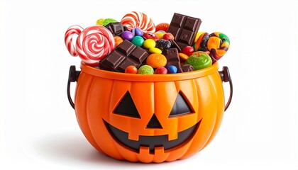 Halloween pumpkin container filled with colorful candies including lollipops, candy canes, and chocolate bars.