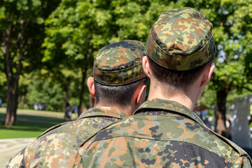 Rear view of two german soldiers flecktarn uniform and field caps in a park at summer light