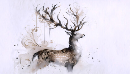A majestic deer with antlers watercolor print, Ai generated image