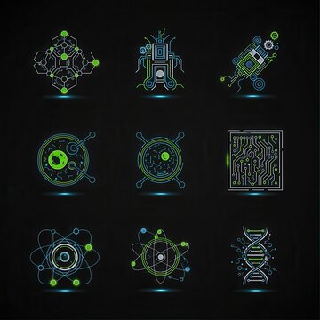 Nine distinct glowing digital science and technology icons are displayed against a dark background