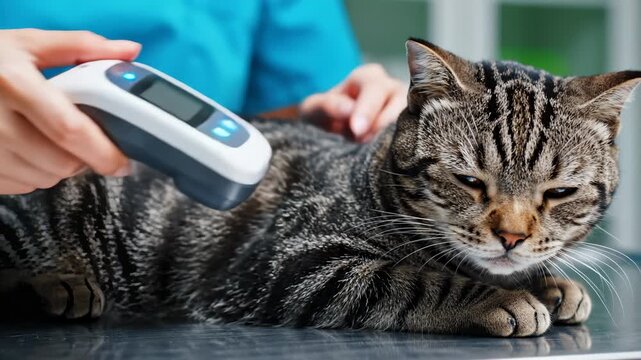 Veterinarian Scanning Pet Cat Microchip With Reader at Clinic