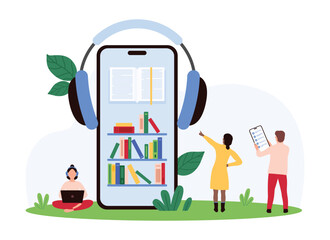Digital library for self education, study with science literature, ebooks and audiobooks. Tiny people learn and read open books on library shelf of smartphone screen cartoon vector illustration