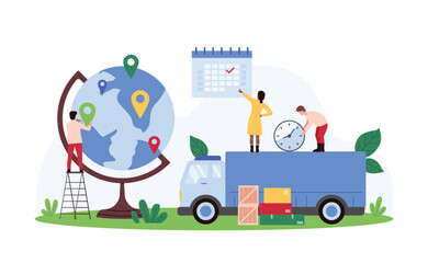 Global logistics and world map coverage, export and import, warehousing and distribution service. Tiny people consulting on time of international delivery by calendar cartoon vector illustration