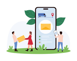 Mail delivery tracking in mobile app. Tiny people holding envelope and phone to track postage package or letter shipment to mailbox by truck courier on smartphone screen cartoon vector illustration