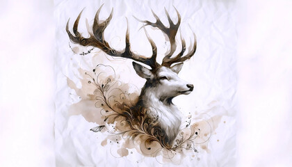A majestic deer with antlers watercolor print, Ai generated image