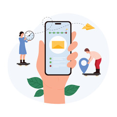 Mail delivery tracking in mobile app. Big hand holding smartphone with envelope and timeline chart with flag on screen, tiny people check delivering status and time cartoon vector illustration