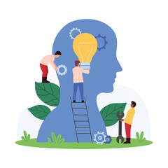 Mental health, counseling and success creativity training, medical cure of dementia and brain disease. Tiny people on ladder put yellow light bulb inside human head cartoon vector illustration