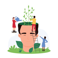 Mental health, self mind development and wellness, counseling for positive thoughts. Tiny people on ladder watering and growing green tree inside open brain of human head cartoon vector illustration
