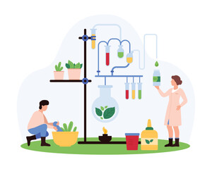 Scientists engage in organic chemistry research, focusing on herbal medicine. Plants, test tubes, and beakers, emphasizing the synthesis of natural remedies in a lab setting vector illustration