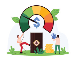 Individuals analyze oil prices with a giant gauge, oil barrel, and stacks of coins. One person uses a calculator, another adjusts the gauge, symbolizing economic fluctuations vector illustration