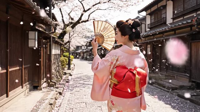 A graceful woman dressed in a traditional outfit strolls along a picturesque street lined with wooden houses. Cherry blossoms flutter around her, creating a serene atmosphere of springtime beauty.