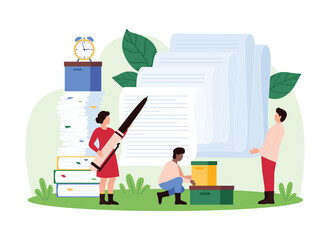 Team organizes extensive documents with large files and pens. Scene includes workers handling storage boxes and a clock, emphasizing systematic filing and documentation vector illustration