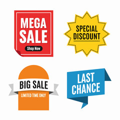 Business promotion with 3D sticker and sale badge includes collection of curved ribbons and scroll flyer design in pink retail banner with discount tag and isolated paper label for coming soon offer