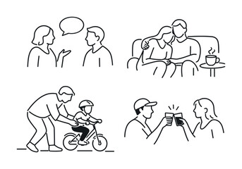 Minimal line art of people talking, a couple cuddling on a sofa with coffee, a parent teaching a child to ride a bicycle, and friends toasting drinks