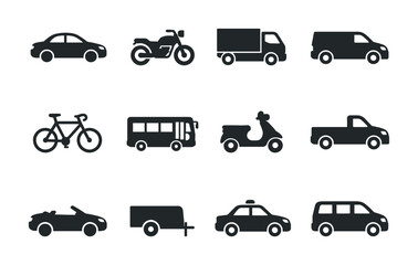 Fototapeta premium Minimal black silhouette icons of assorted vehicles including car, motorcycle, truck, van, bicycle, bus, scooter, convertible, trailer, taxi, and minivan