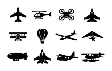 Black silhouette icon set of aerial vehicles including airplanes, helicopter, drone, hot-air balloon, glider, biplane, jet, and airship