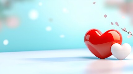 Red and white hearts representing romantic love on a light blue background
