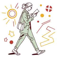 Woman walking casual outfit urban smartphone reading vector illustration minimal trendy style woman walking casual outfit